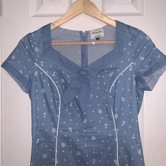Dancing Days Banned Blue Sweet Talker Denim Nautical Sailor Pencil Dress Small - Picture 3 of 10